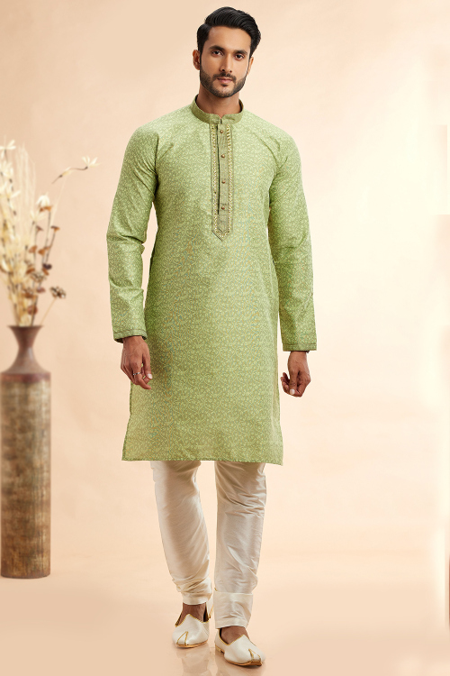 Silk Weaved Thread Light Green Straight Cut Men's Kurta Churidar