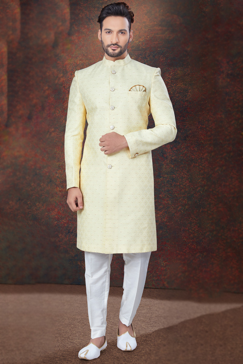 Silk Weaved Thread Light Yellow Men's Straight Cut Sherwani