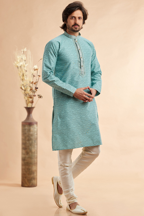 Silk Weaved Thread Mint Blue Straight Cut Men's Kurta Churidar