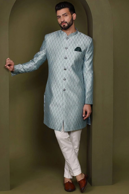 Silk Weaved Thread Mint Blue Straight Cut Men's Sherwani 