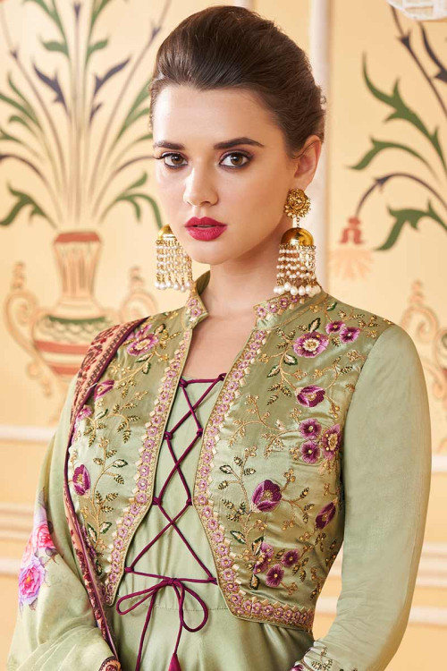 Buy Silk Wedding Anarkali Suit In Pistachio Green Colour Online ...