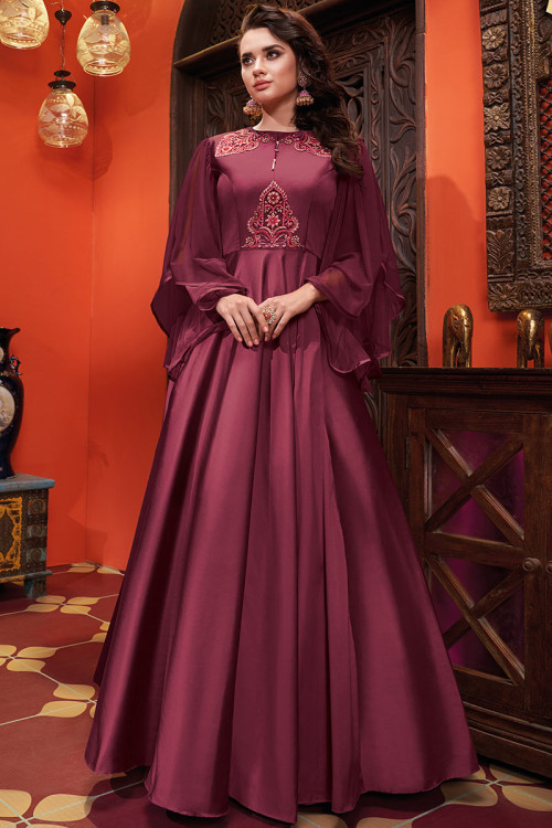 Silk Wedding Wear Anarkali Gown In Wine Colour