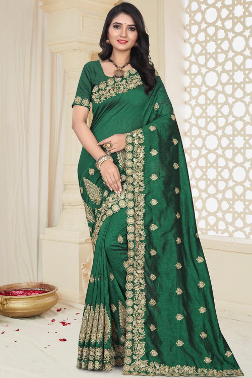 Silk Wedding Wear Saree In Forest Green Colour