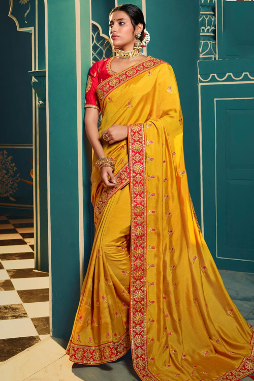 Yellow Resham Work Saree With Blouse – Punit Balana