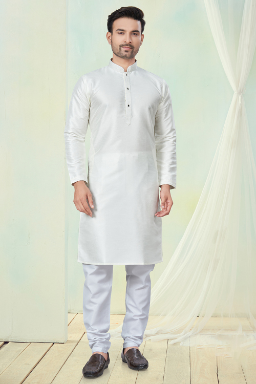Silk White Men's Kurta Churidar With Embroidered Placket