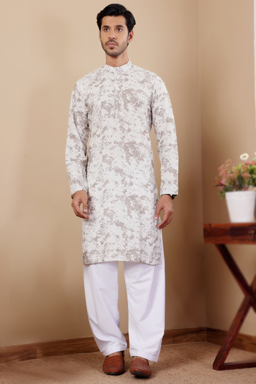 Silk White Printed Straight Cut Men's Kurta Pajama