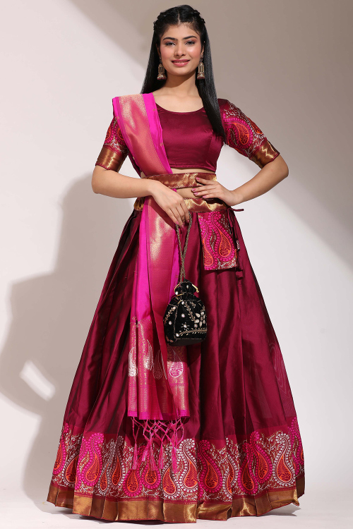 Silk Wine Maroon A Line Weaved Lehenga 