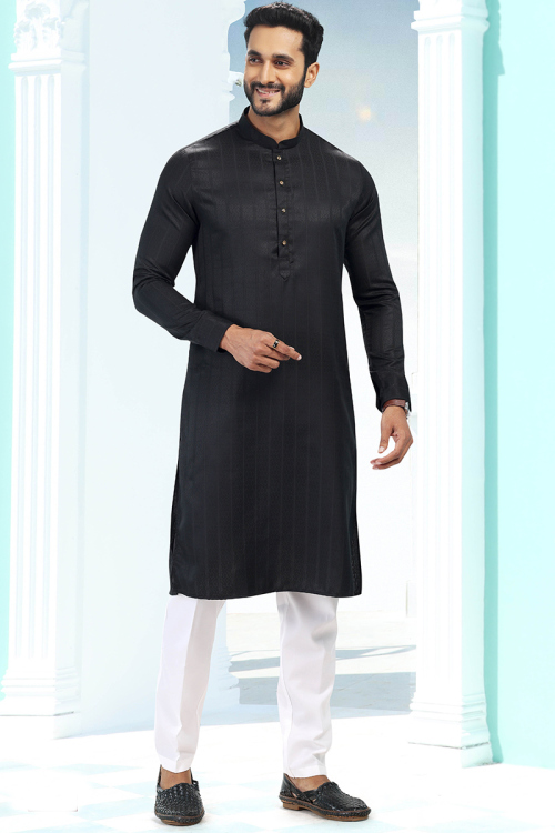 Silk Woven Black Men's Kurta Pajama