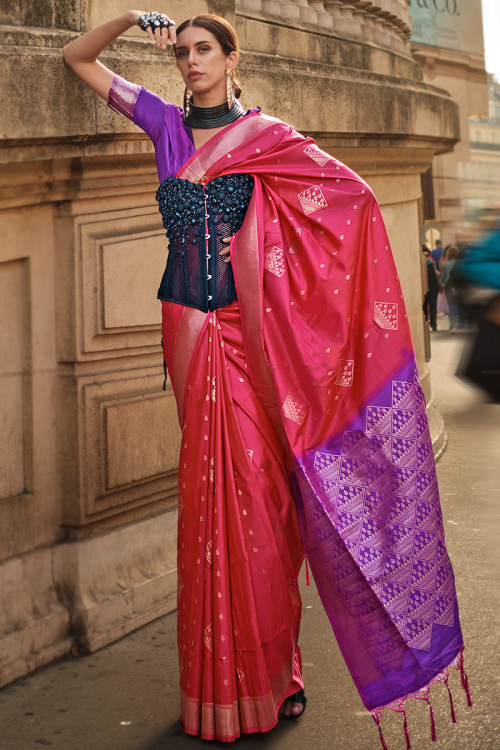 Silk Woven Zari Cerise Pink Wedding Wear Saree