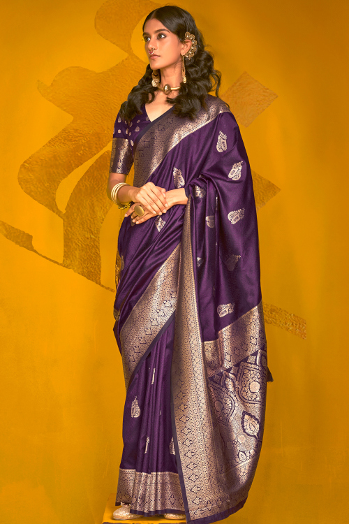 Silk Woven Zari Dark Purple Festival Wear Saree 