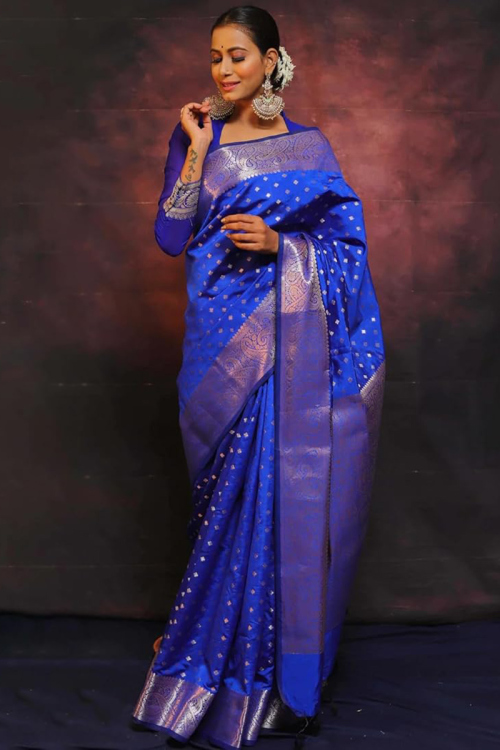 Silk Woven Zari Royal Blue Broad Border Saree
