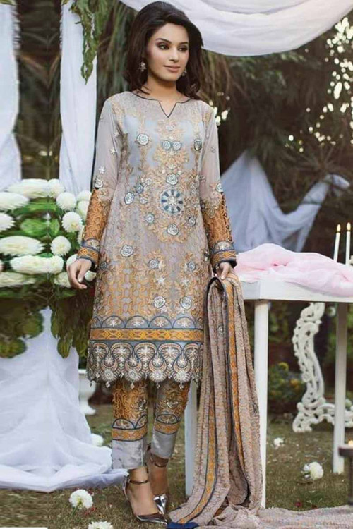 Silver Chiffon Embroidered Straight Pant Suit