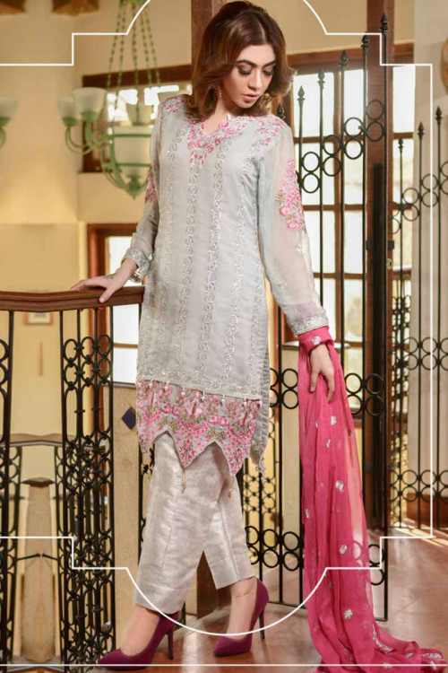 Silver Cotton Embroidered Straight Pant Suit