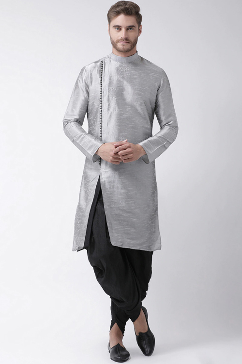 Silver Dupion Silk Side Slit Men's Kurta Dhoti