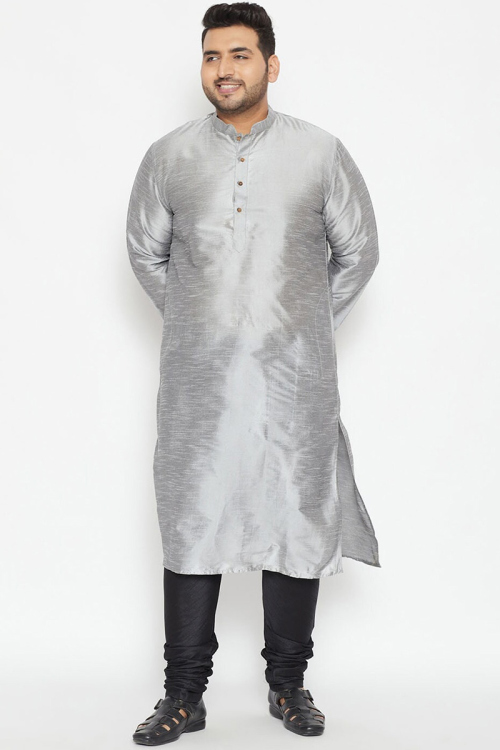 Silver Dupion Silk Straight Cut Men's Kurta And Churidar
