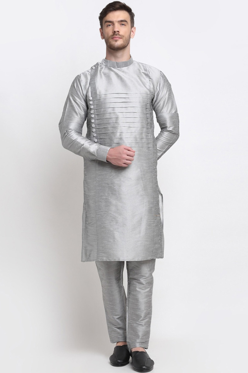 Silver Dupion Silk Straight Cut Men's Kurta Pajama