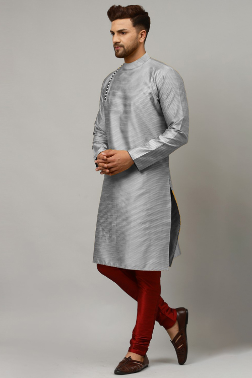 Silver Dupion Silk Woven Men Kurta