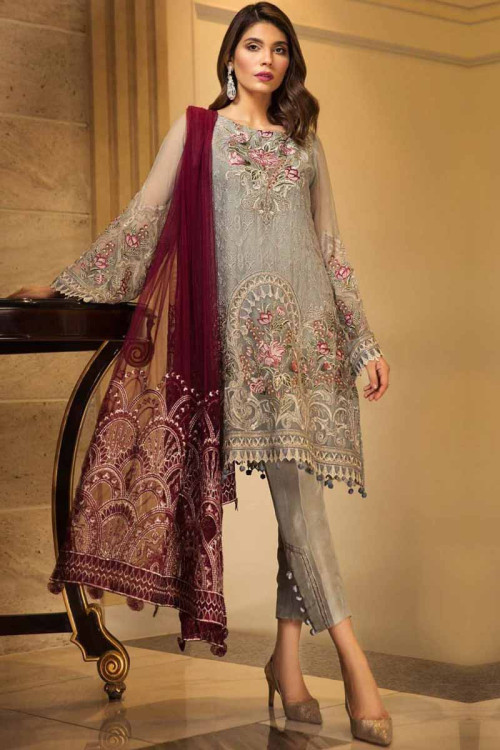 Silver Georgette Embroidered Straight Pant Suit