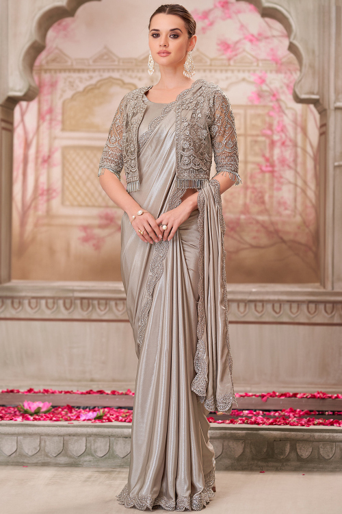 Silver Satin Silk Embroidered Shimmer Saree