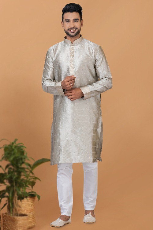 Silver Silk Sequins Embroidered Straight Cut Men's Kurta Pajama