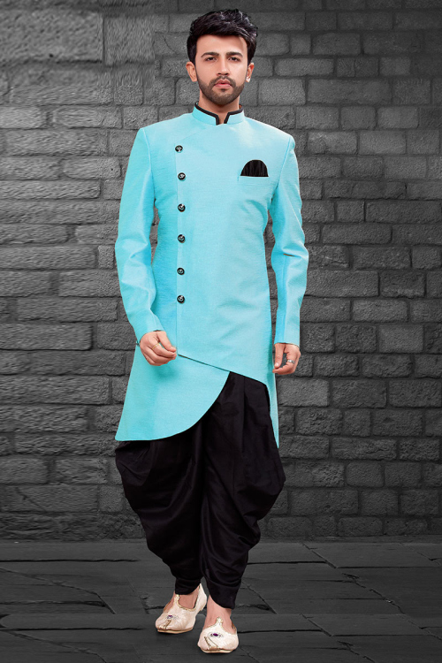 Sky Blue Art Silk Men Sherwani With Dhoti