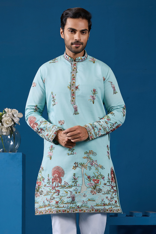 Sky Blue Art Silk Men's Kurta With Sequins Work For Festival