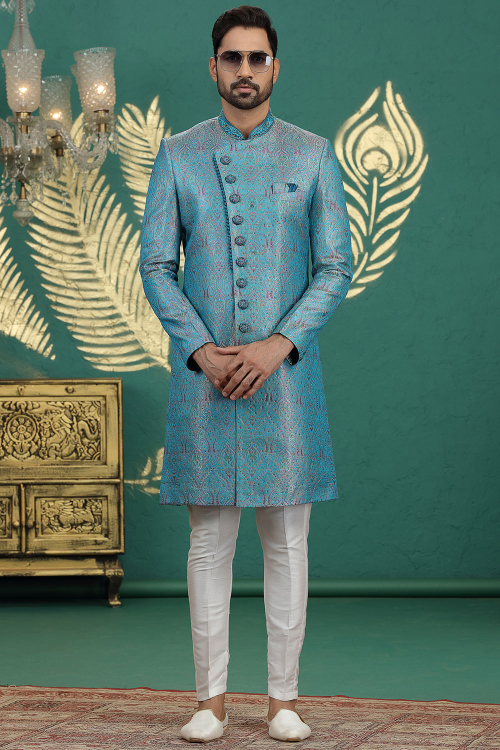 Sky Blue Art Silk Men's Sherwani With Weaved Work For Wedding