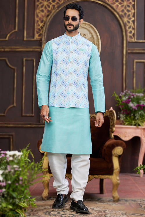 Sky Blue Art Silk Printed Jacket Men's Kurta With Churidar 