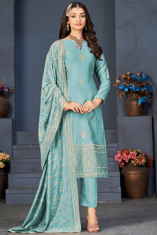 Sky Blue Art Silk Straight Cut Embroidered Trouser Suit 