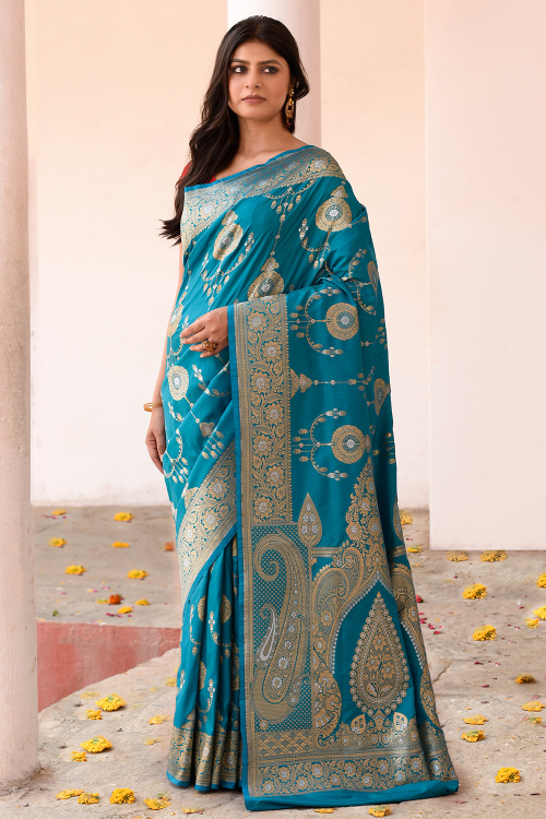 Sky Blue Art Silk Woven Zari Broad Border Saree 