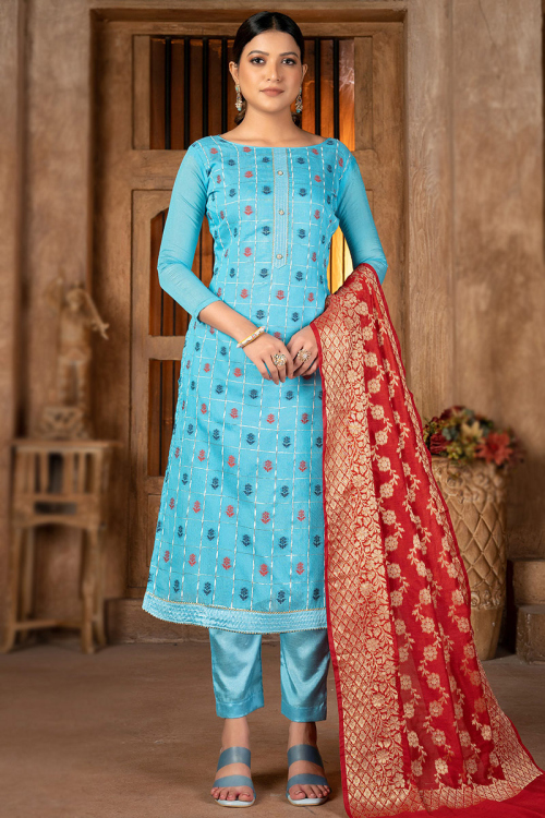 Sky Blue Traditional Party Wear Trouser Suit in Banarasi Silk