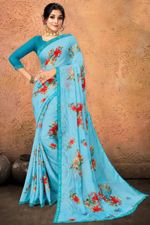 Sky Blue Chiffon Floral Printed Saree