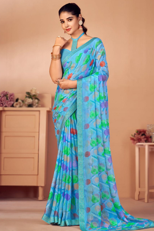 Sky Blue Chiffon Abstract Printed Saree