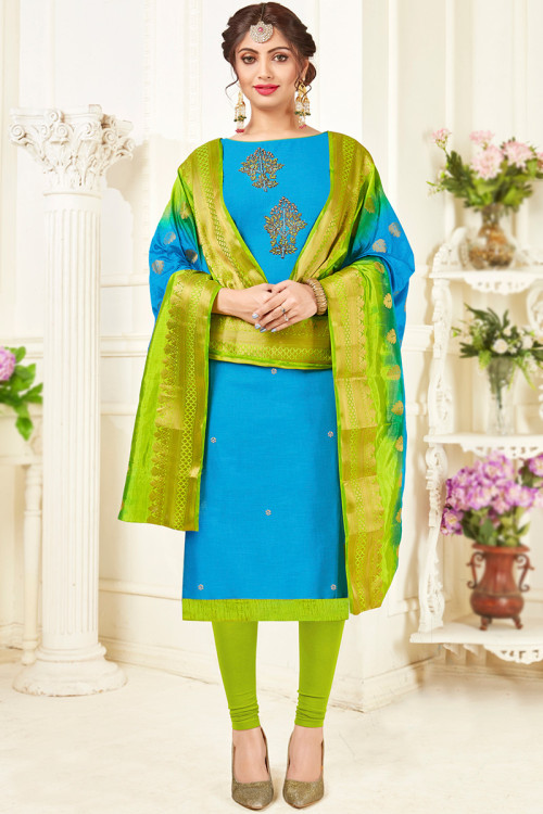 Sky Blue Cotton Churidar Suit for Party Wear with Cutdana Work