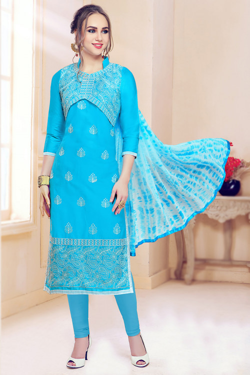 Sky Blue Cotton Embroidered Straight Cut Legging Suit
