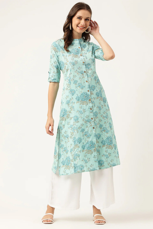 Sky Blue Cotton Kurti With Printed Work For Casual Wear