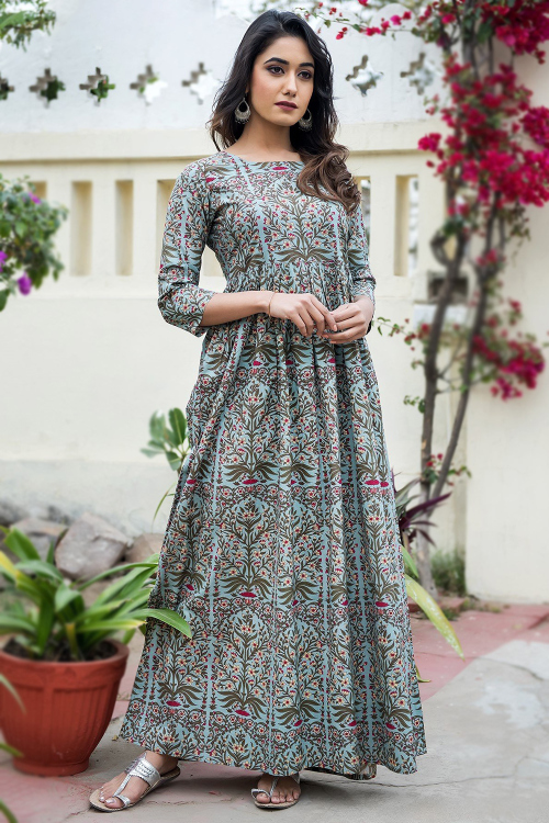 Sky Blue Cotton Printed Ready Made Casual Wear Gown