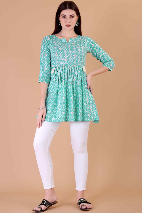 Sky Blue Cotton Printed Short Casual Wear Kurti 