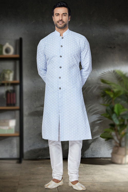Thread Work Sky Blue Men Sherwani in Cotton for Party 