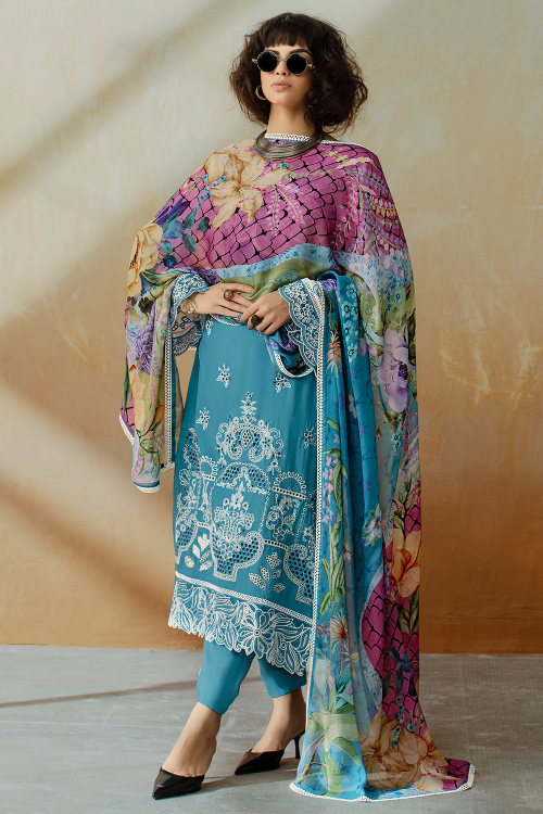 Sky Blue Cotton Resham Thread Straight Cut Trouser Suit 