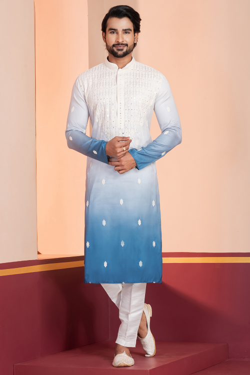 Sky Blue Cotton Silk Men's Kurta Pajama With Printed Work