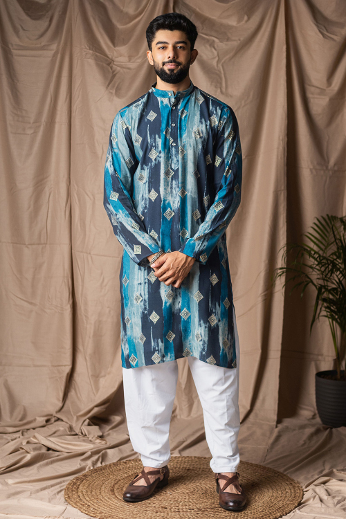 Sky Blue Cotton Silk Printed Men's Straight Cut Kurta Pajama