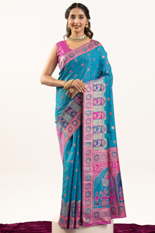 Sky Blue Cotton Silk Saree With Weaved Work For Diwali