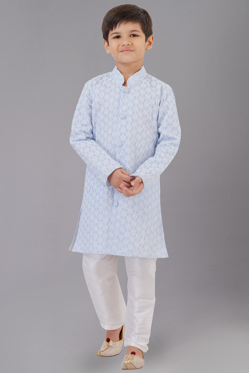 Sky Blue Cotton Silk Straight Cut Kid's Kurta Pajama