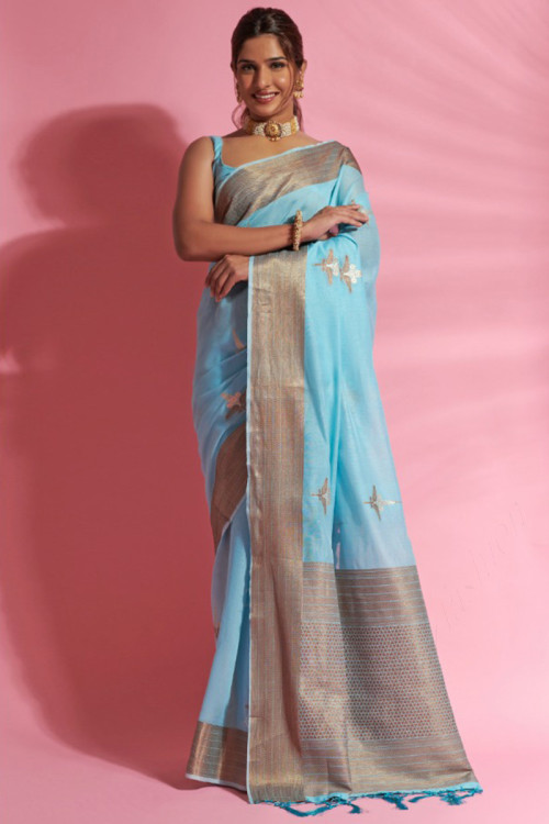Sky Blue Woven Cotton Silk Saree for Party 