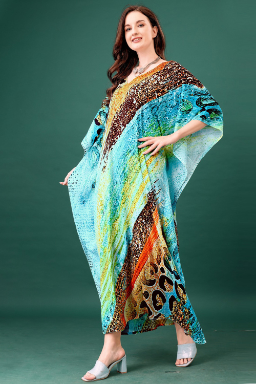 Sky Blue Crepe Kaftan With Printed Work For Casual Wear
