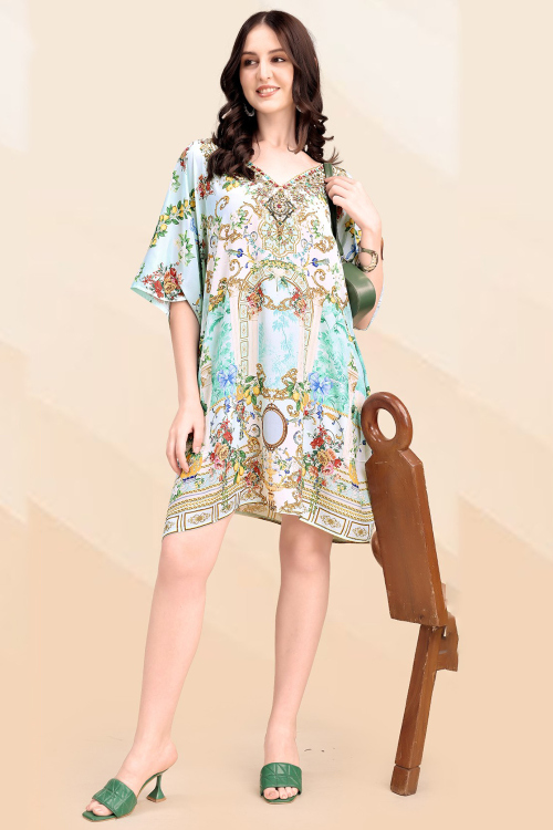 Sky Blue Crepe Kaftan With Printed Work