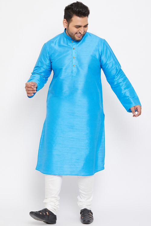 Sky Blue Dupion Silk Churidar Men's Kurta Pajama