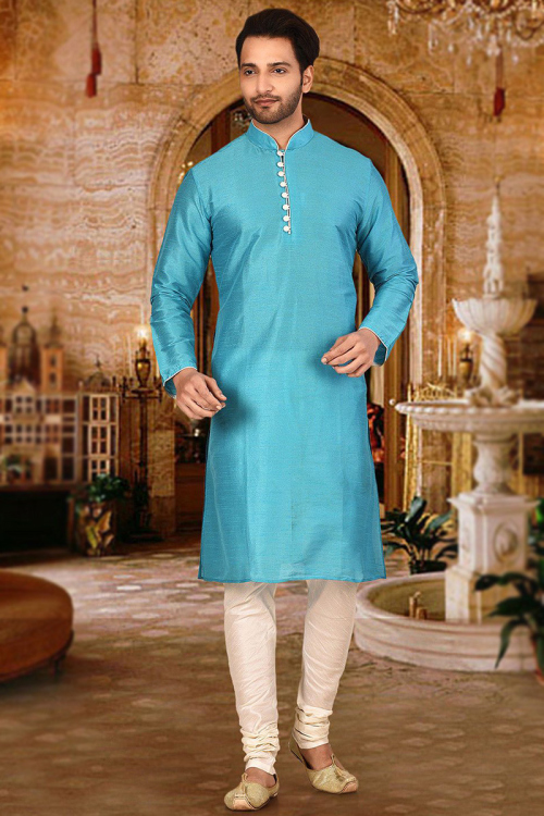 Sky Blue Dupion Silk Men's Churidar Kurta 