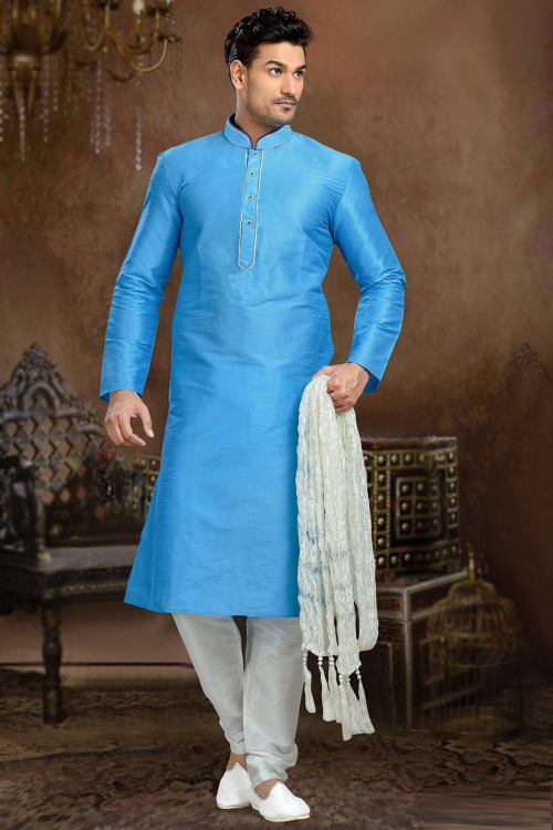 Sky Blue Dupion Silk Men's Kurta Churidar With Zari Work